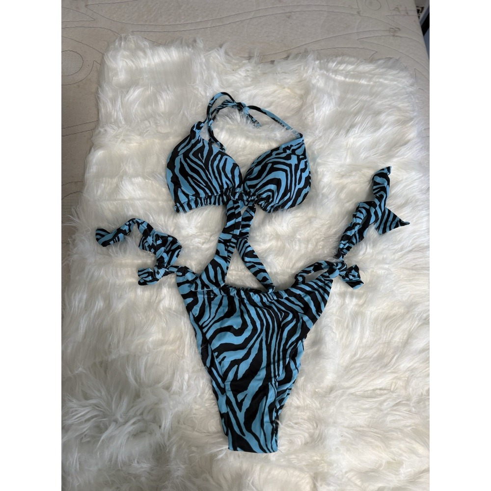 Peddney Women's Blue Zebra Print  2 Piece Swim Suit Bikini Sz XL Tie Side New